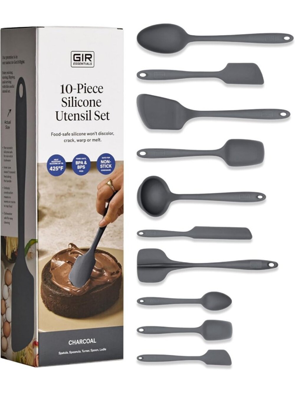 10-Piece Charcoal Silicone Kitchen Utensils Set - Heat Resistant, Non-Stick